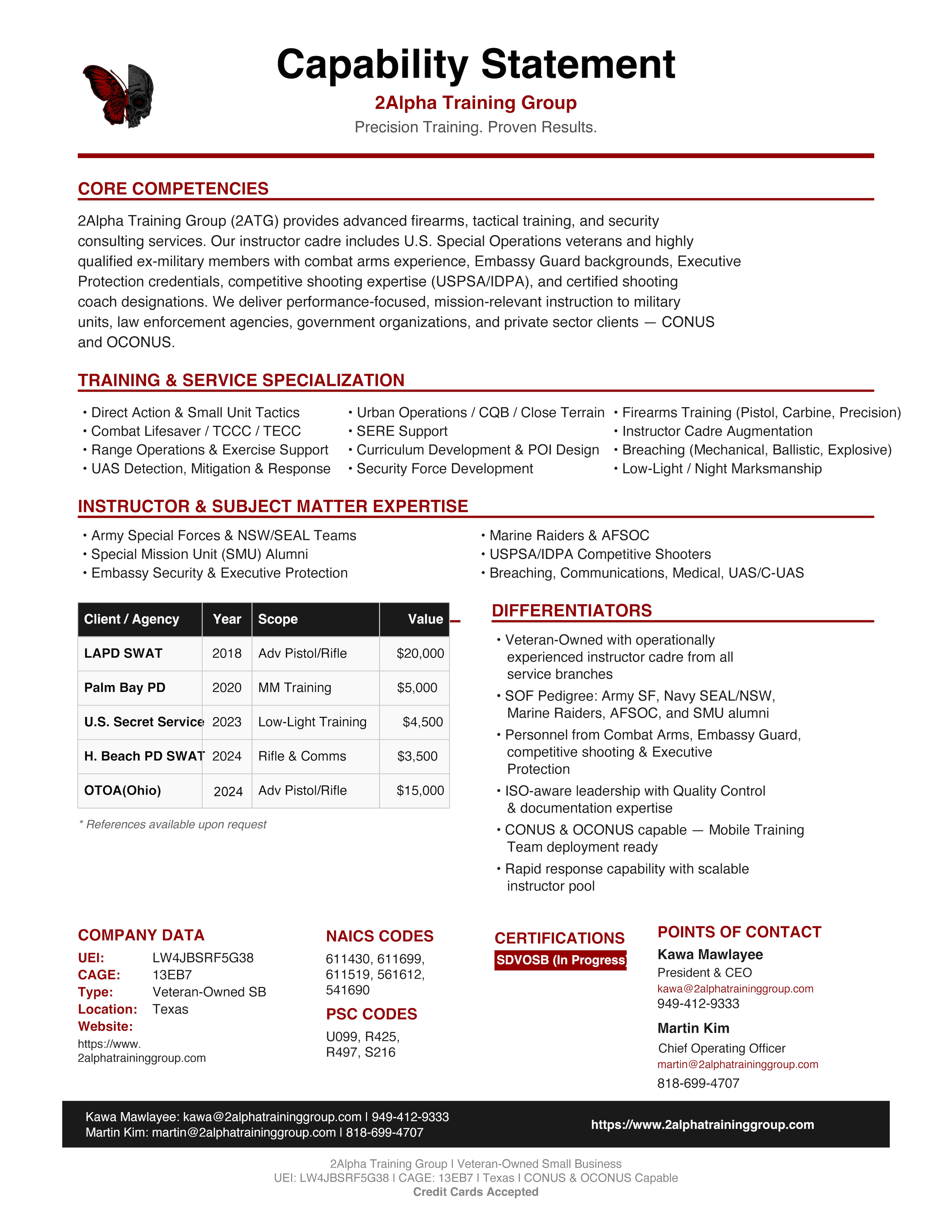 2ATG capability statement: core competencies, training and service specializations, instructor expertise, past performance, differentiators, company data including UEI LW4JBSRF5G38 and CAGE 13EB7, NAICS and PSC codes, and points of contact.